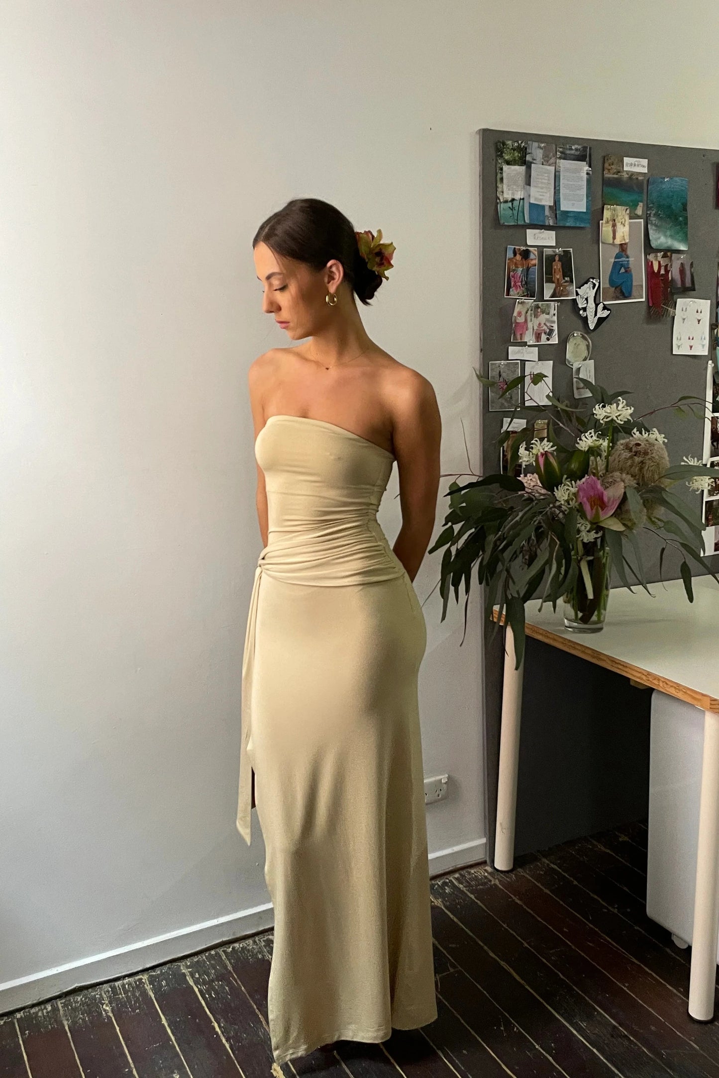 Odysseus & Penelope Draped Strapless Bamboo Dress (Beige)
