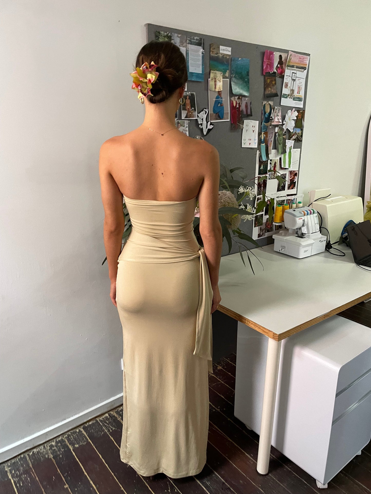 Odysseus & Penelope Draped Strapless Bamboo Dress (Beige)