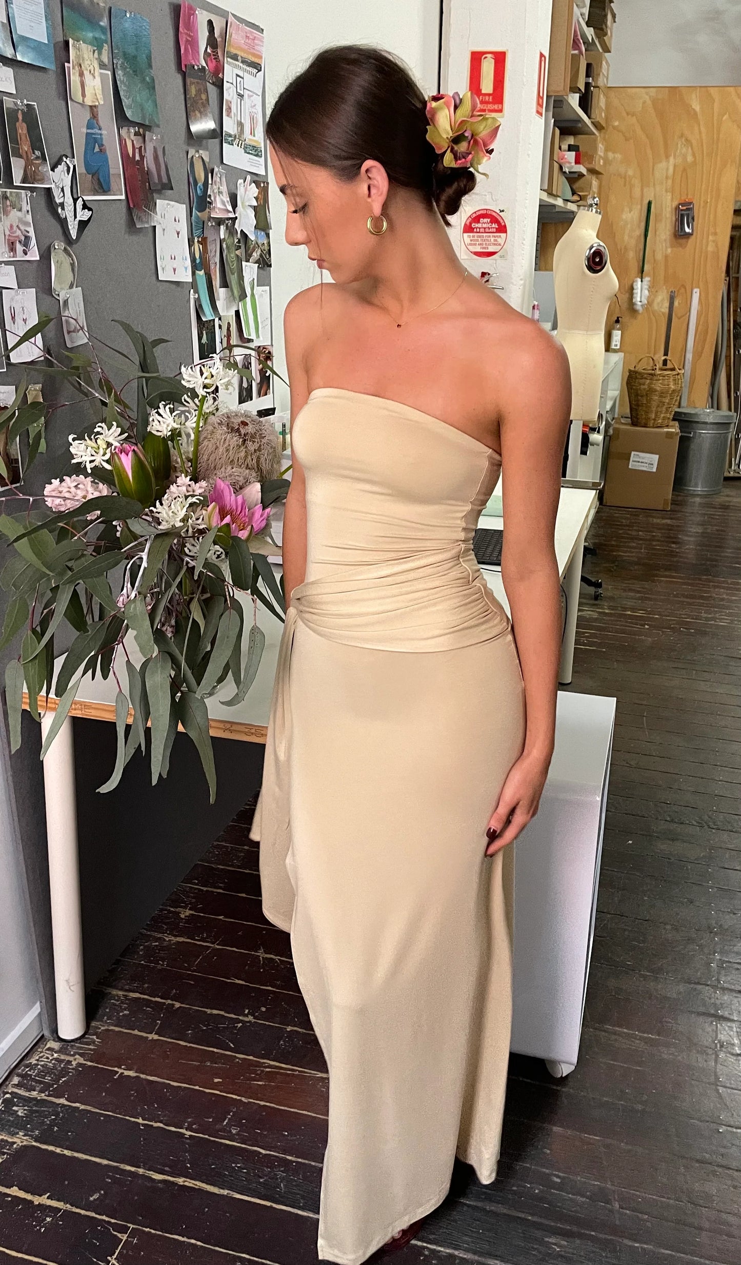 Odysseus & Penelope Draped Strapless Bamboo Dress (Beige)