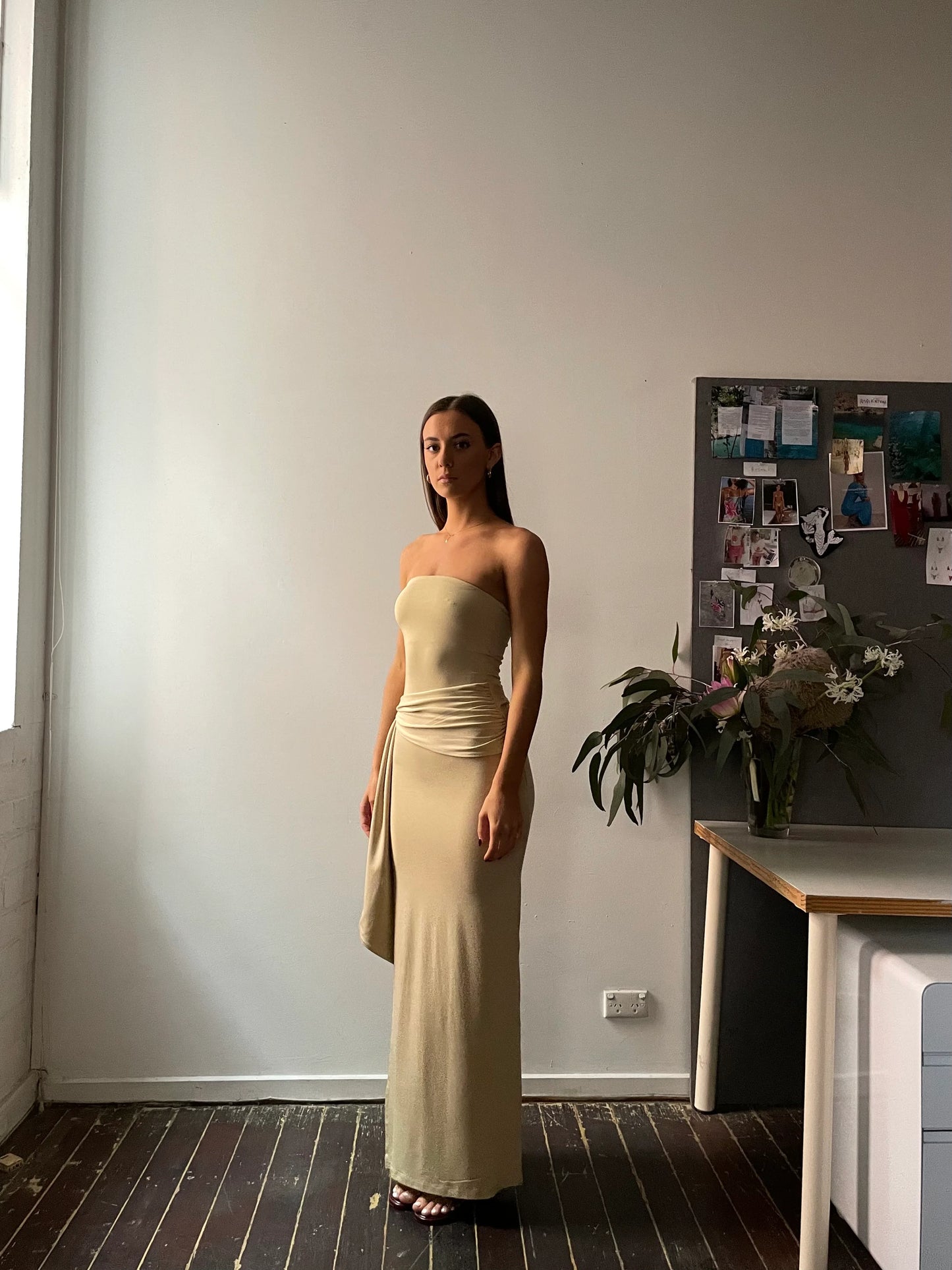 Odysseus & Penelope Draped Strapless Bamboo Dress (Beige)