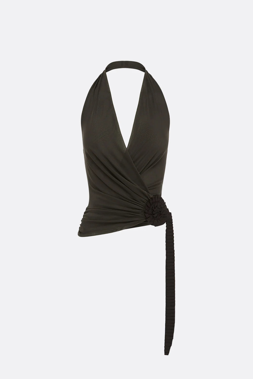 Black halter top with a knot detail on a white background