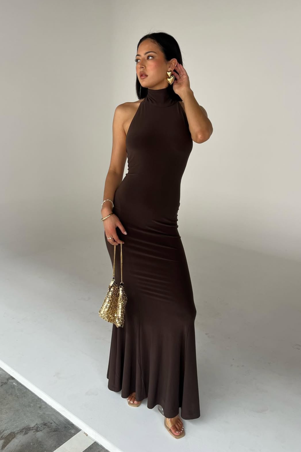 Norma Kamali Halter Fishtail Gown (Chocolate) Norma Kamali Halter Fishtail Gown (Chocolate)