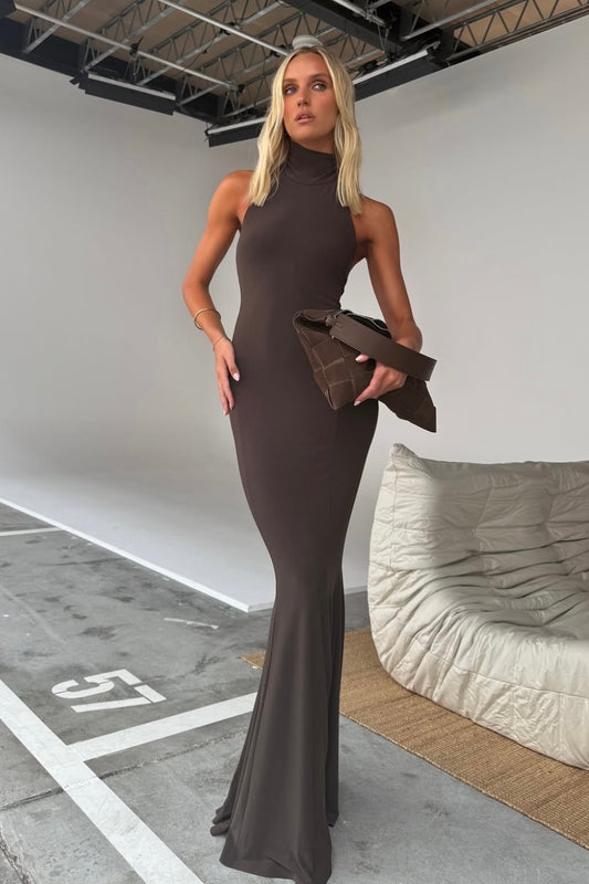 Norma Kamali Halter Fishtail Gown (Chocolate)