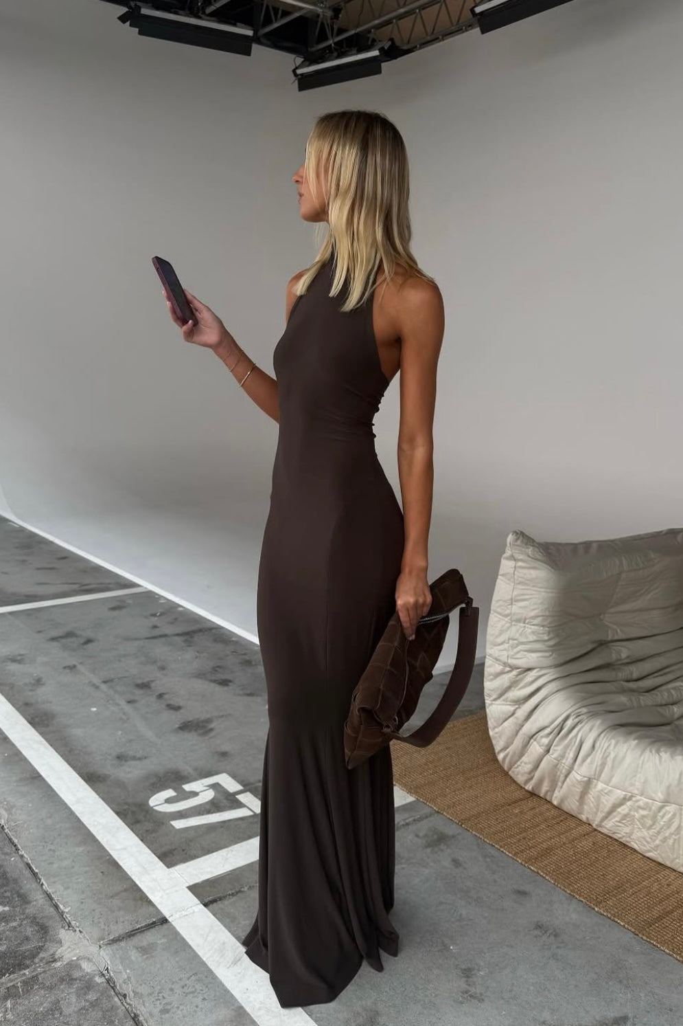 Norma Kamali Halter Fishtail Gown (Chocolate)