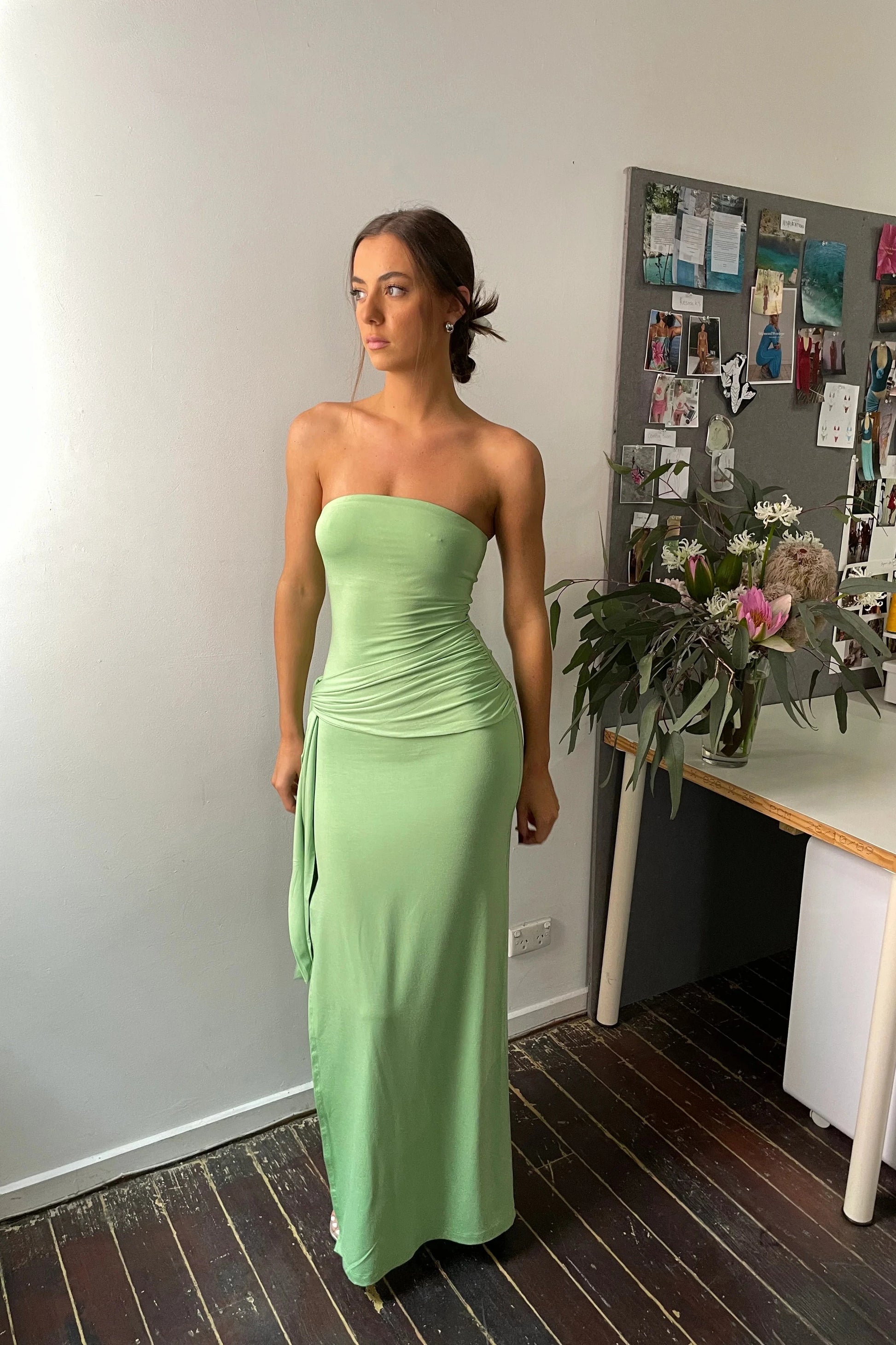 Odysseus & Penelope Draped Strapless Bamboo Dress (Green) Rent To Dress NZ Odysseus & Penelope Draped Strapless Bamboo Dress (Green) Rent To Dress NZ