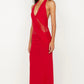 Red halter neck gown on a white background